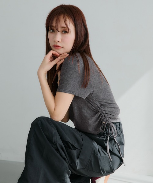 coca(coca)(コカ)の「【WEB限定セール】リブドローストリングトップス(Tシャツ/カットソー・レディース・チャコール/その他1・S/M/L)」の4枚目の写真