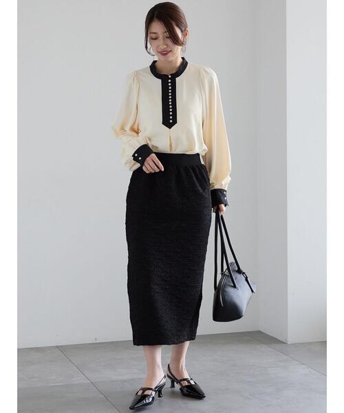 Te chichi（テチチ）の「フクレジャカードストレートロングスカート《2025spring catalog item》（スカート・レディース・オフホワイト/ブラック・F）」の3枚目の写真