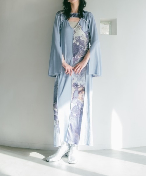 sahara(サハラ)の「Art Print Layered Dress/アートプリントレイヤードドレス(ワンピース・レディース・ベージュ/ブラック/ブルーグレー・FREE)」の3枚目の写真