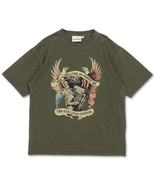 SPINNS(スピンズ)の「ピグメント加工プリントTシャツ/レトロモーター/短丈/古着風(Tシャツ/カットソー・メンズ・ブラック/カーキ・ONESIZE)」の4枚目の写真