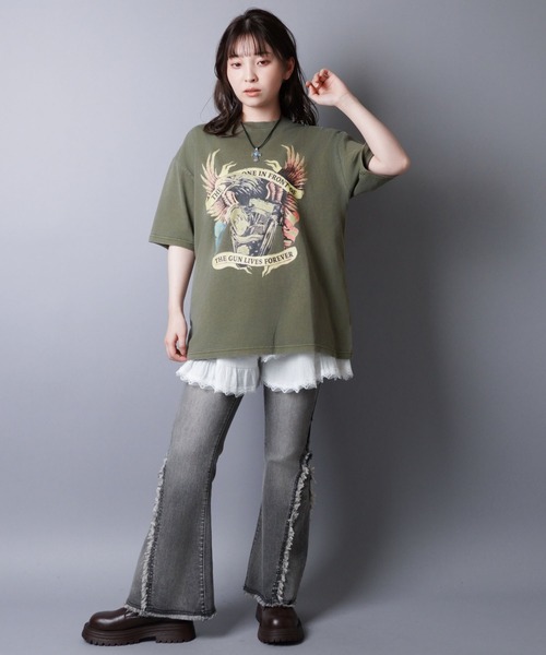 SPINNS(スピンズ)の「ピグメント加工プリントTシャツ/レトロモーター/短丈/古着風(Tシャツ/カットソー・メンズ・ブラック/カーキ・ONESIZE)」の16枚目の写真