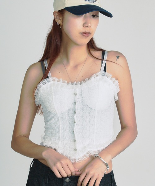 BLANK (ブランク)の「Lace Frill bustier camisole / レースフリルビスチェキャミソール(キャミソール・レディース・ブラック/ベージュ/ホワイト/ブラック系2/ホワイト系2・FREE)」の2枚目の写真