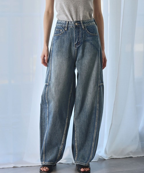 ワイドレッグパンツ デニム 切り替えデザイン ストリート 個性的 骨格ストレートステッチ切り替えデザインワイドデニム パンツ