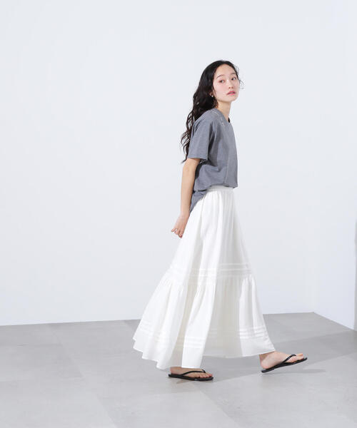 N.(N. Natural Beauty Basic)(エヌエヌナチュラルビューティーベーシック)の「【PS/低身長サイズ】楊柳切替ティアードスカート(スカート・レディース・オフホワイト/ブラック・MEDIUM/PS)」の14枚目の写真