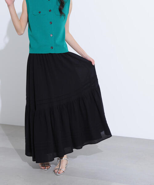 N.(N. Natural Beauty Basic)(エヌエヌナチュラルビューティーベーシック)の「【PS/低身長サイズ】楊柳切替ティアードスカート(スカート・レディース・オフホワイト/ブラック・MEDIUM/PS)」の1枚目の写真