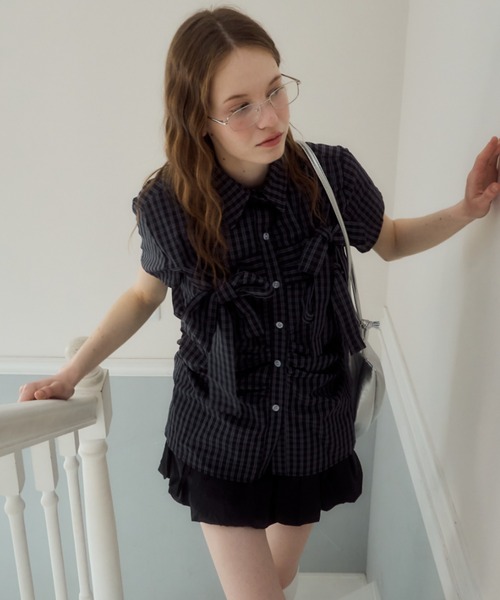 Birthday room(バースデイルーム)の「半袖チェックリボンシャツ/short slleeve check ribbon shirt(シャツ/ブラウス・レディース・ネイビー・FREE)」の3枚目の写真