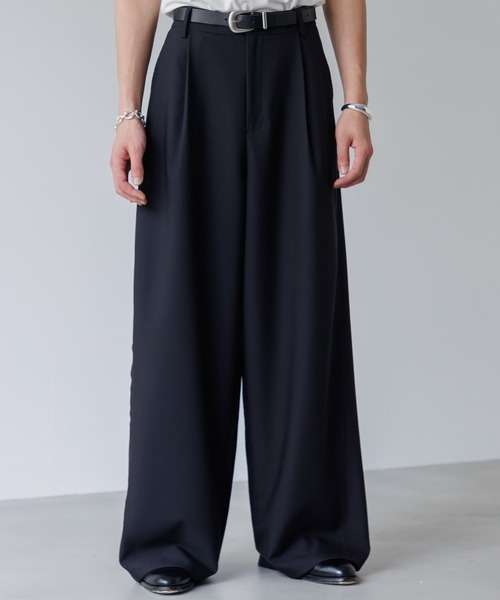 パンツ Wool mix semi baggy slacks Fringe tuck wide straight slacks / フリンジタックワイド