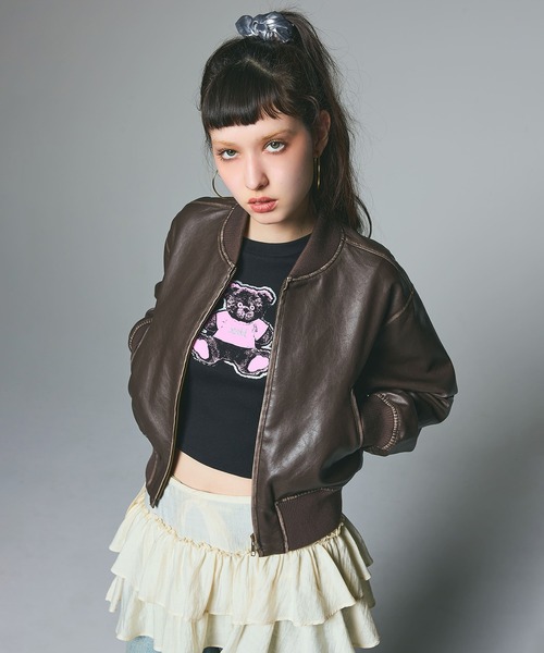 DISTRESSED FAUX LEATHER COMPACT BLOUSON（ブルゾン）｜X-girl