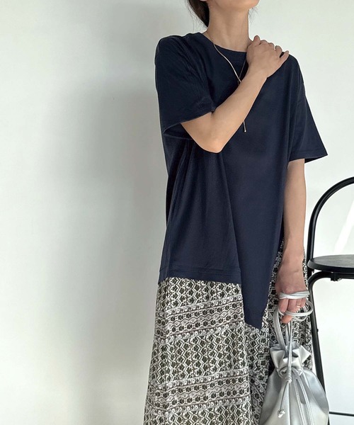 セール】○異素材切り替え アシンメトリーTシャツワンピ―ス