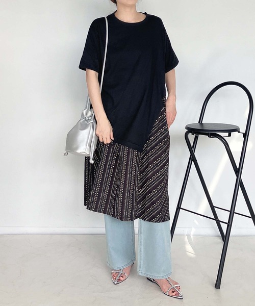 セール】○異素材切り替え アシンメトリーTシャツワンピ―ス