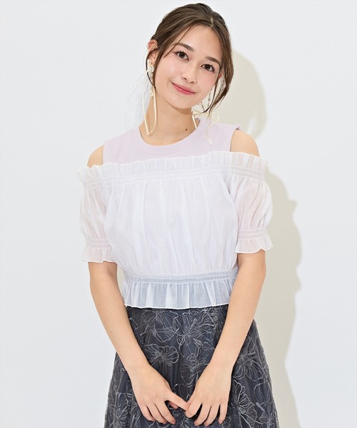 WILLSELECTION(ウィルセレクション)の「レイヤード風オフショルカットトップス(Tシャツ/カットソー・レディース・ピンク/ブルー/オフホワイト/ブラック/ラベンダー・FREE)」の4枚目の写真