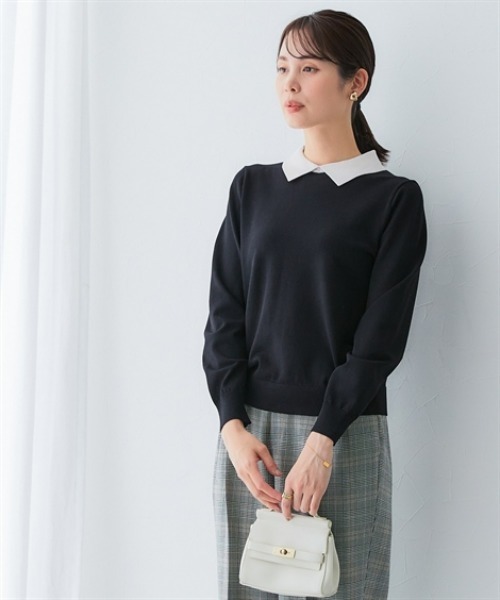 7days Life Styling（セブンデイズライフスタイリング）の「配色襟付きニット（乾燥機OK・ウォッシャブル・静電気防止・毛玉になりにくい・UVカット）<大きいサイズ有>（ニット/セーター・レディース・ベージュ系/ブラック系・3L/LL/L/M/S）」の3枚目の写真