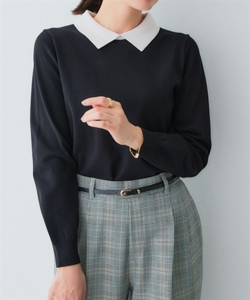 7days Life Styling（セブンデイズライフスタイリング）の「配色襟付きニット（乾燥機OK・ウォッシャブル・静電気防止・毛玉になりにくい・UVカット）<大きいサイズ有>（ニット/セーター・レディース・ベージュ系/ブラック系・3L/LL/L/M/S）」の9枚目の写真