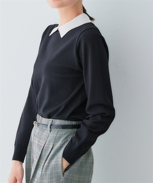 7days Life Styling（セブンデイズライフスタイリング）の「配色襟付きニット（乾燥機OK・ウォッシャブル・静電気防止・毛玉になりにくい・UVカット）<大きいサイズ有>（ニット/セーター・レディース・ベージュ系/ブラック系・3L/LL/L/M/S）」の10枚目の写真