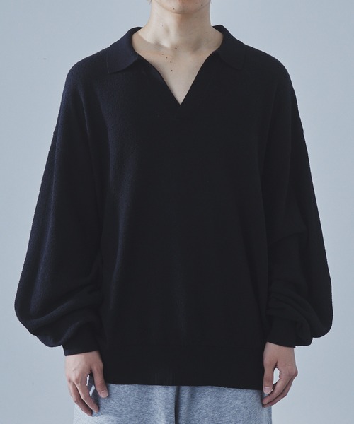 SLICK（スリック）の「【SLICK/スリック】Loop Yarn Skipper Polo Knit/ループヤーンスキッパーポロ ニット/ヴィンテージ（ポロシャツ・メンズ・チャコールグレー/ブラック・1/2/3）」の3枚目の写真