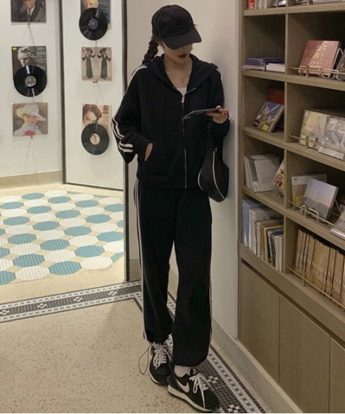 フード付 ロング丈パーカー パンツ 上下セットアップ サイドライン入  XL 楽天市場】 スウェット 上下セット 上下セット レディース