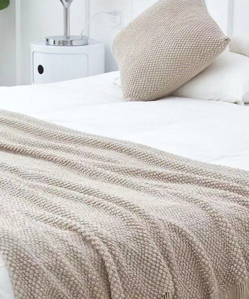 セール】ワッフル編み フリンジ ニットブランケット（ブランケット