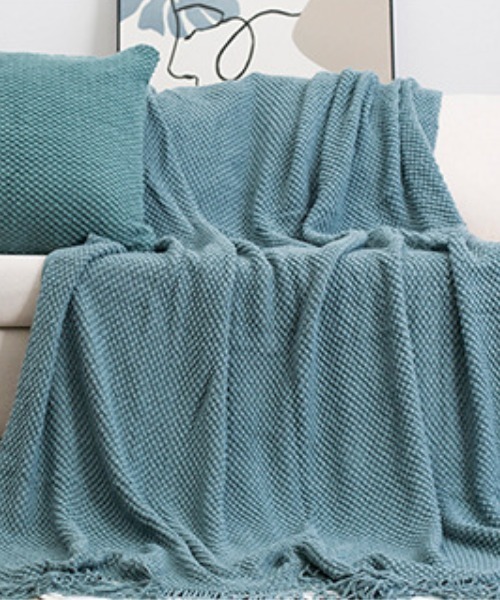 セール】ワッフル編み フリンジ ニットブランケット（ブランケット