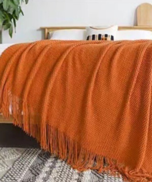 セール】ワッフル編み フリンジ ニットブランケット（ブランケット