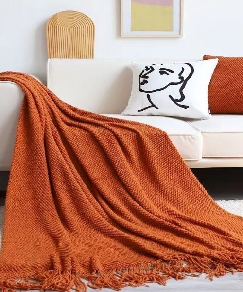 セール】ワッフル編み フリンジ ニットブランケット（ブランケット