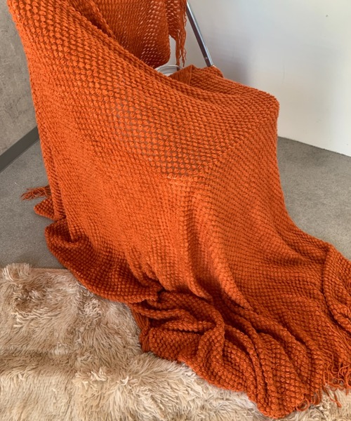 オレンジ系フリースリブ編みブランケット オレンジ系フリースリブ編みブランケット オレンジ系フリース