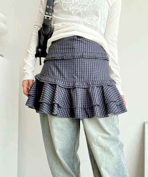 mul.（ムル）の「SK　切り替えフリルチェックスカート（スカート・レディース・ネイビー・FREE）」の2枚目の写真