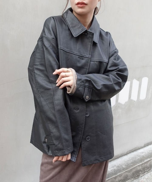 セール】フェイクレザーステンカラーショートコート（ライダース