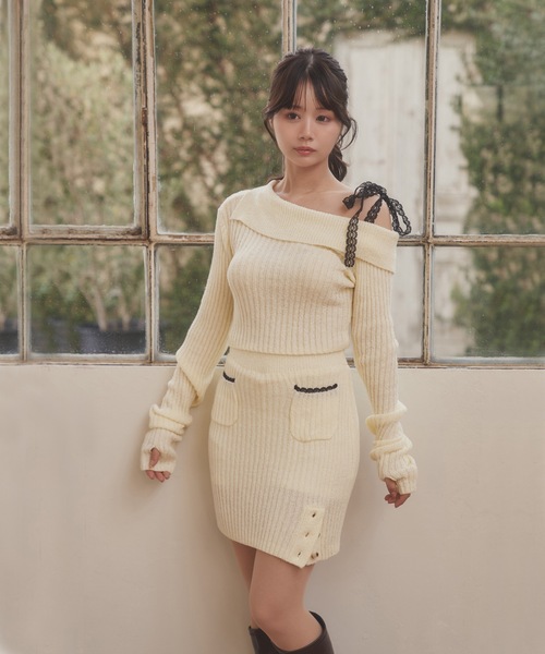 M DOLLY(エムドリー)の「*M DOLLY original* lace strap fresca knit set up/レースストラップフレスカセットアップ(セットアップ・レディース・グレー/アイボリー・FREE)」の4枚目の写真