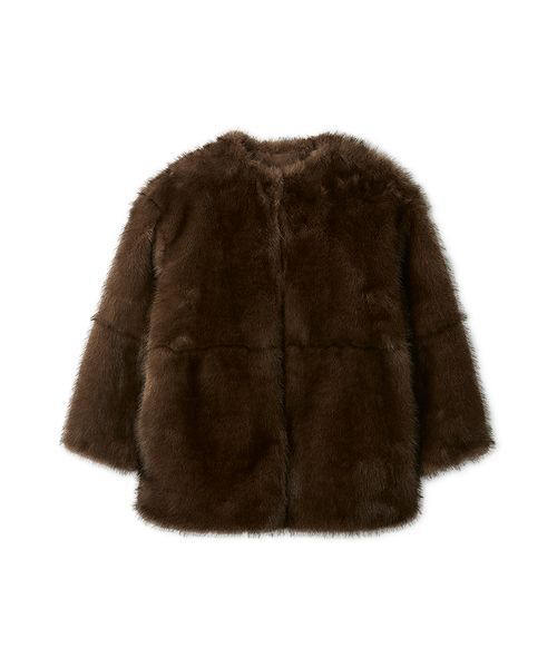 kao　Mila Owen　ブラウン　ファーコート セール】マルチマテリアルノーカラーファーコート（ノーカラーコート