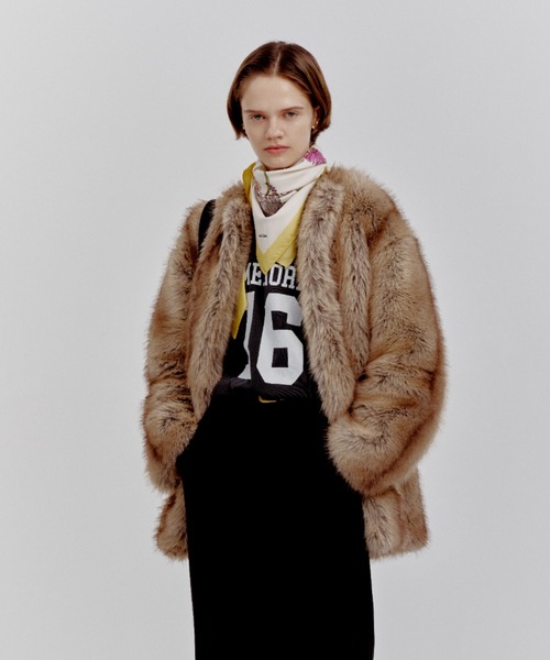 セール】マルチマテリアルノーカラーファーコート（ノーカラーコート