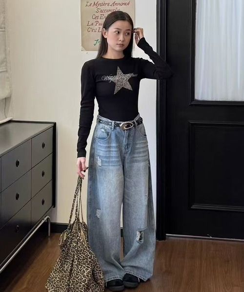 MEMECLE（メメクル）の「【MEMECLE/メメクル】スターレオパード　Y2KロンT 　カットソー（Tシャツ/カットソー・レディース・ホワイト/グレー/ブラック・FREE）」の3枚目の写真