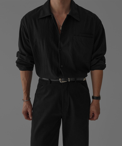 Textured Convertible Collar Shirt [Black]