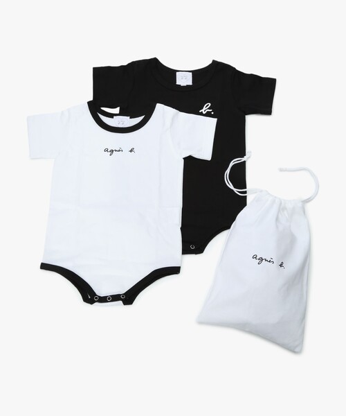 agnes b.(アニエスベー)の「ベビー ロゴ コットン 半袖 ボディスーツ 2枚組(ロンパース・キッズ・ブラック・6MONTH/1YEAR)」の1枚目の写真