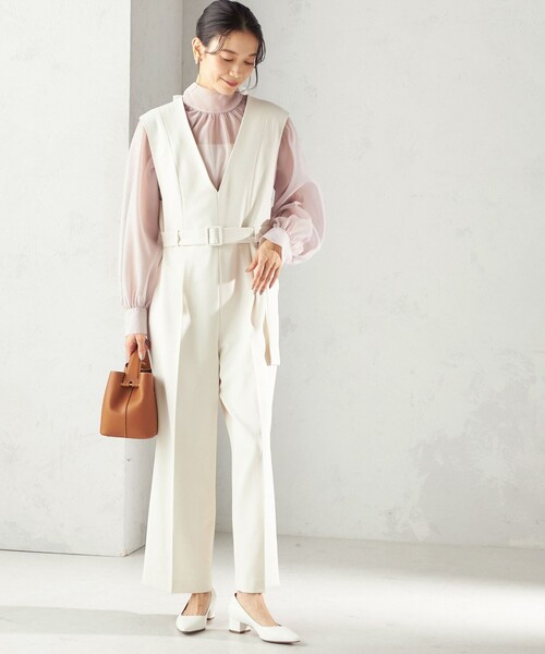 手洗い可能〉ダブル クロス Vネック ベルト付 オールインワン