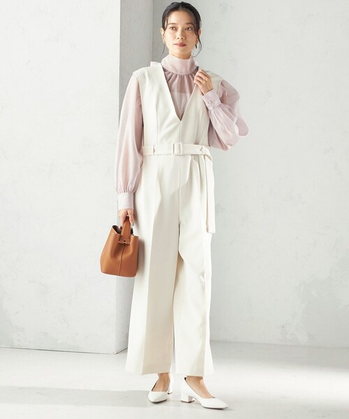 手洗い可能〉ダブル クロス Vネック ベルト付 オールインワン