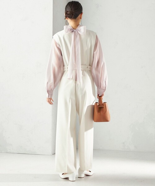 手洗い可能〉ダブル クロス Vネック ベルト付 オールインワン