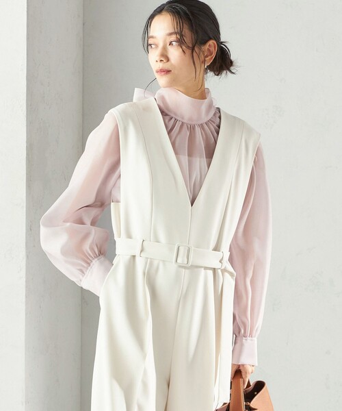 手洗い可能〉ダブル クロス Vネック ベルト付 オールインワン