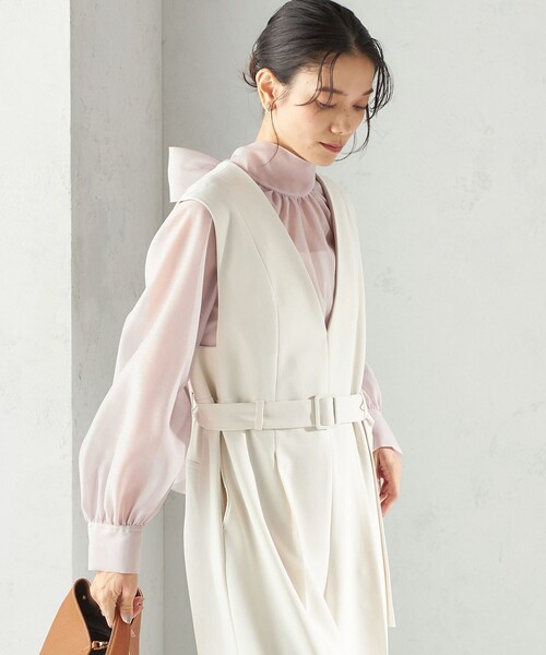 手洗い可能〉ダブル クロス Vネック ベルト付 オールインワン