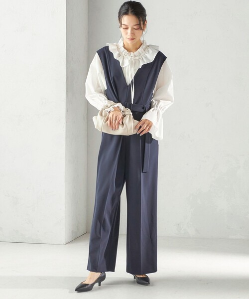 手洗い可能〉ダブル クロス Vネック ベルト付 オールインワン