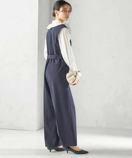 手洗い可能〉ダブル クロス Vネック ベルト付 オールインワン