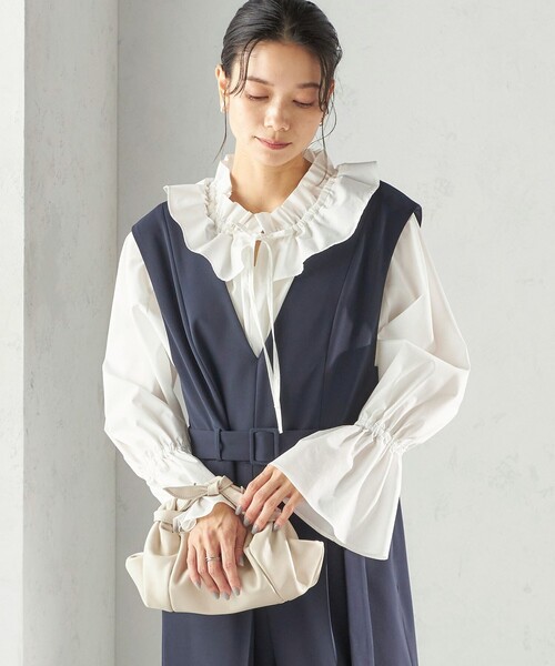 手洗い可能〉ダブル クロス Vネック ベルト付 オールインワン