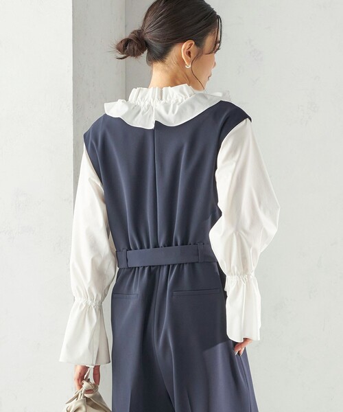 ネイビー 半袖オールインワン 手洗い可能〉ダブル クロス Vネック ベルト付 オールインワン