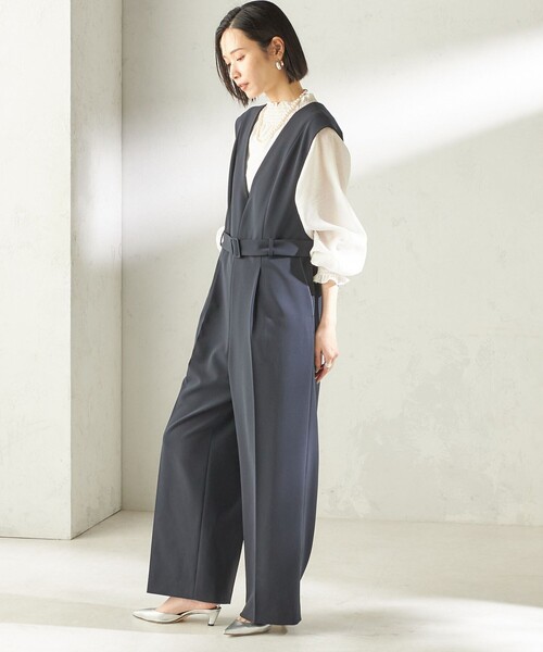 手洗い可能〉ダブル クロス Vネック ベルト付 オールインワン