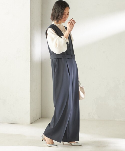 手洗い可能〉ダブル クロス Vネック ベルト付 オールインワン