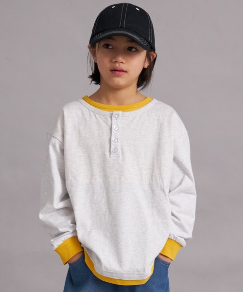 PAIRMANON STREET（ペアマノンストリート）の「【綿100%】レイヤード風ヘンリーネックロンT【PAIRMANON STREET】（Tシャツ/カットソー・キッズ・グリーン/イエロー/ブラック/オフホワイト・100/110/120/130/140/150/160/90）」の4枚目の写真