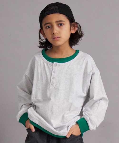 PAIRMANON STREET（ペアマノンストリート）の「【綿100%】レイヤード風ヘンリーネックロンT【PAIRMANON STREET】（Tシャツ/カットソー・キッズ・グリーン/イエロー/ブラック/オフホワイト・100/110/120/130/140/150/160/90）」の3枚目の写真