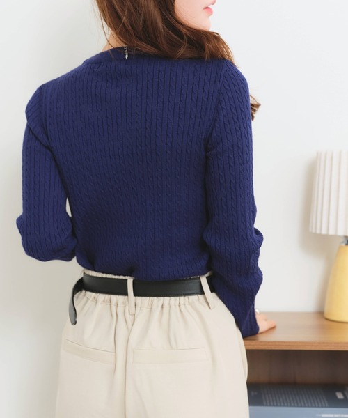 U.S. POLO ASSN.（ユーエスポロアッスン）の「【U.S. POLO ASSN./ユーエスポロアッスン】ロゴ刺繍 ケーブル編み 長袖ニット（ニット/セーター・レディース・ピンク/ネイビー/アイボリー/杢グレー・M/L/LL）」の6枚目の写真