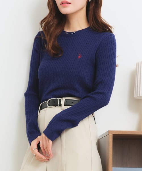 U.S. POLO ASSN.（ユーエスポロアッスン）の「【U.S. POLO ASSN./ユーエスポロアッスン】ロゴ刺繍 ケーブル編み 長袖ニット（ニット/セーター・レディース・ピンク/ネイビー/アイボリー/杢グレー・M/L/LL）」の5枚目の写真