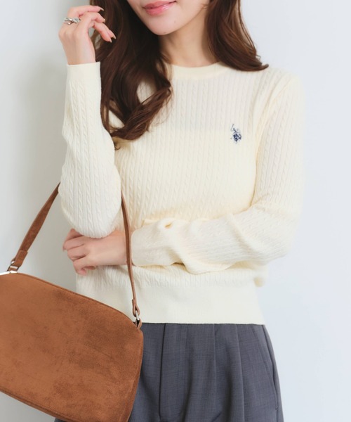 U.S. POLO ASSN.（ユーエスポロアッスン）の「【U.S. POLO ASSN./ユーエスポロアッスン】ロゴ刺繍 ケーブル編み 長袖ニット（ニット/セーター・レディース・ピンク/ネイビー/アイボリー/杢グレー・M/L/LL）」の9枚目の写真