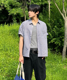 セミクロップロールアップチェックハーフシャツスティールブルー